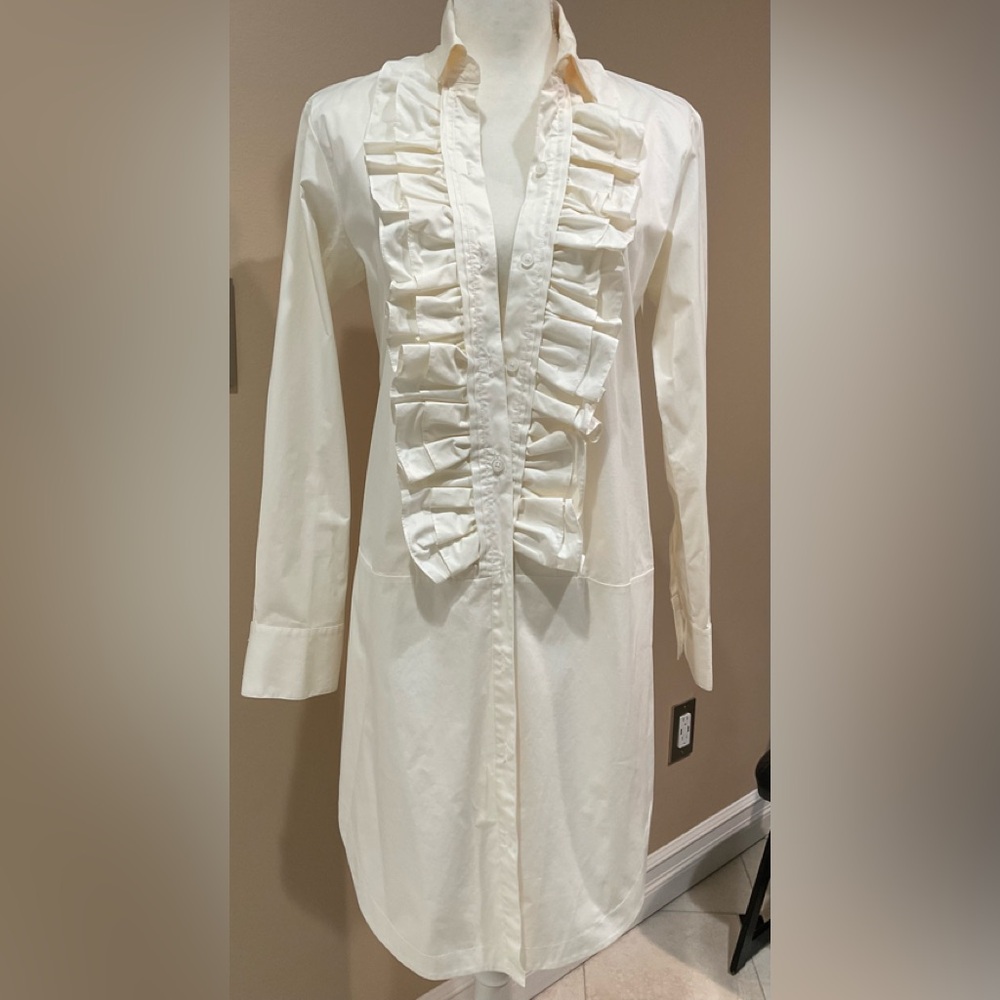 🍏🍏 DKNY Women’s Off White Ruffled Buttons Sleeves Side Slits Dress, 8
